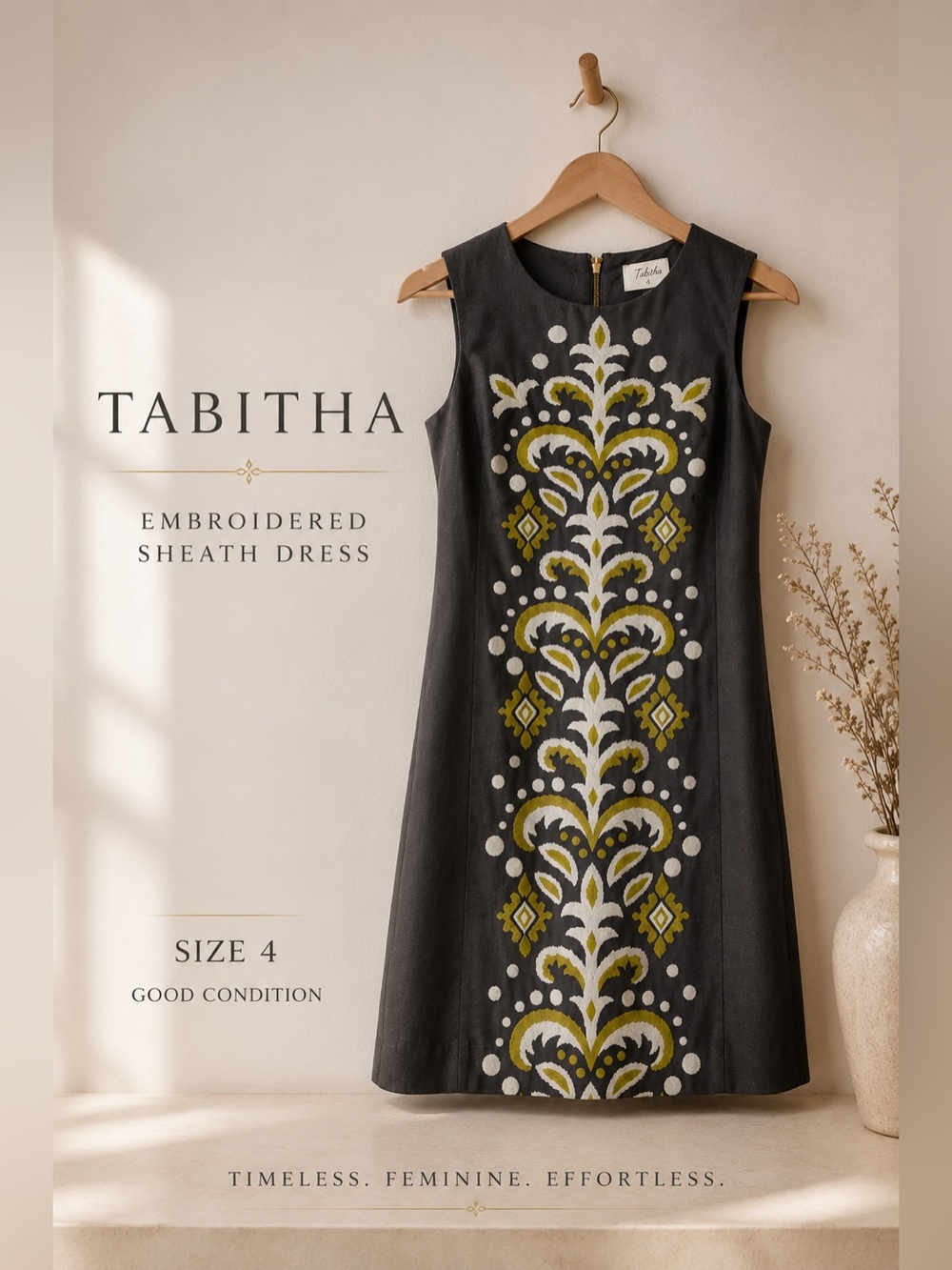 Tabitha Embroidered Sheath Dress Gray Cotton Sleeveless Size 4